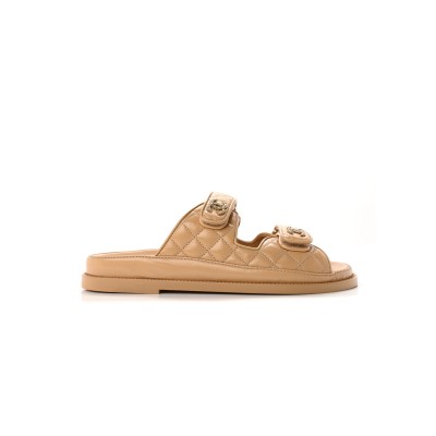 CHANEL LAMBSKIN QUILTED VELCRO DAD CHAIN CC SLIDE SANDALS BEIGE 